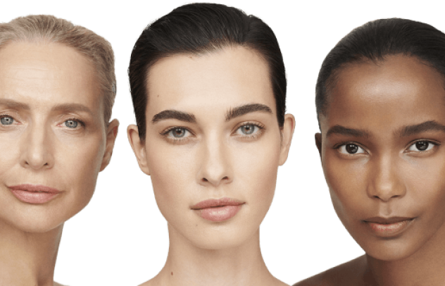 Tre kvinneansikt i ulike aldre og med ulike hudtyper