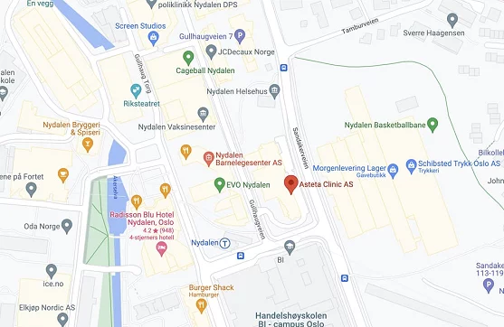 Kart som viser lokasjonen til Asteta Clinic i Oslo