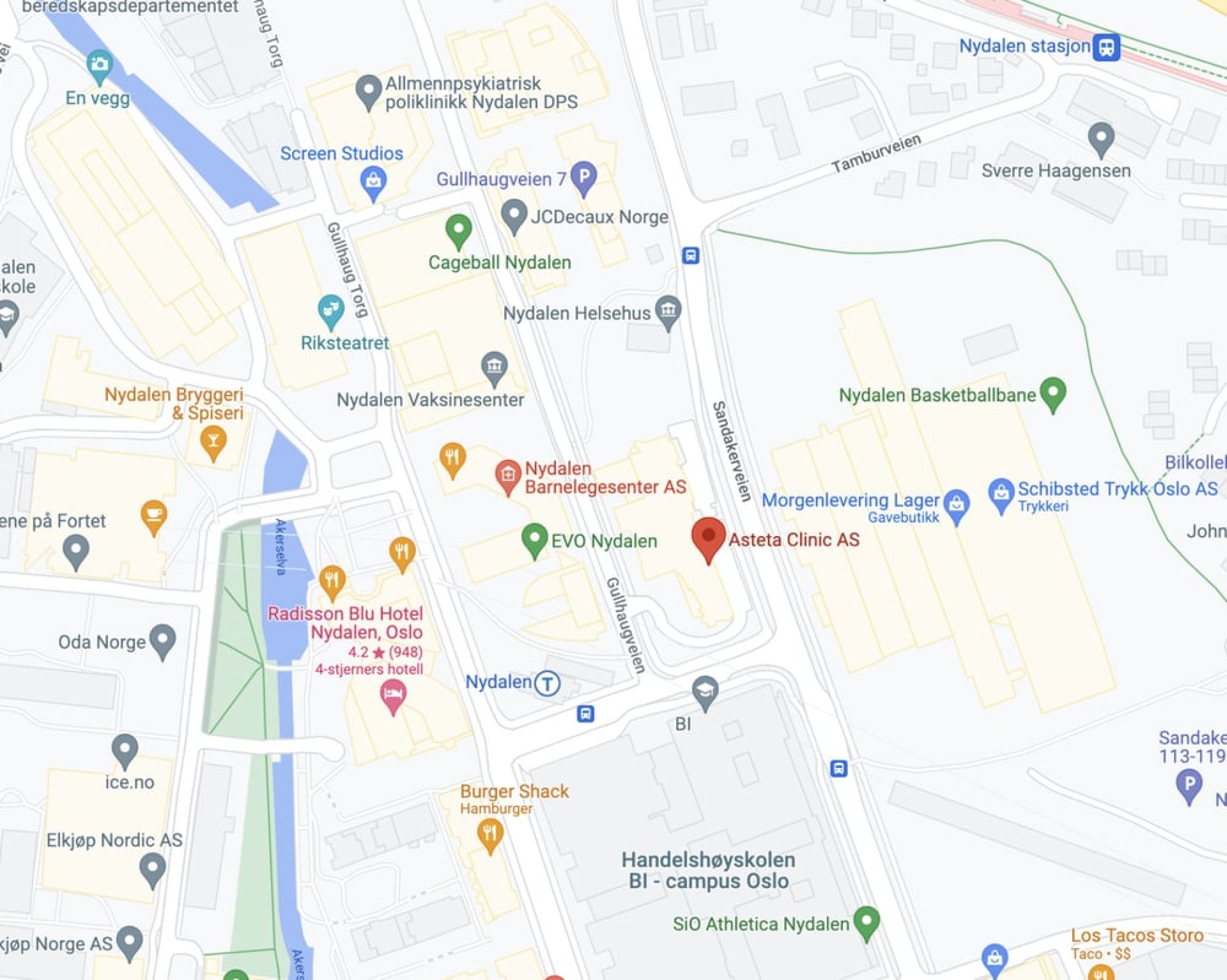 Kart som viser lokasjonen til Asteta Clinic i Oslo